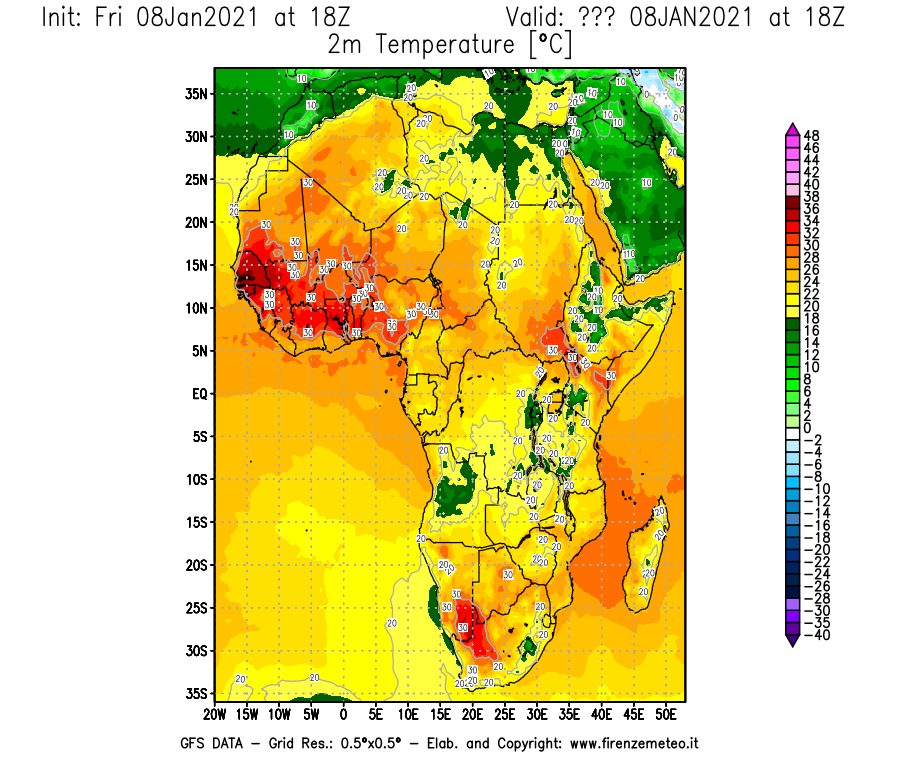 Mappa di analisi GFS - Temperatura a 2 metri dal suolo [°C] in Africa
							del 08/01/2021 18 <!--googleoff: index-->UTC<!--googleon: index-->