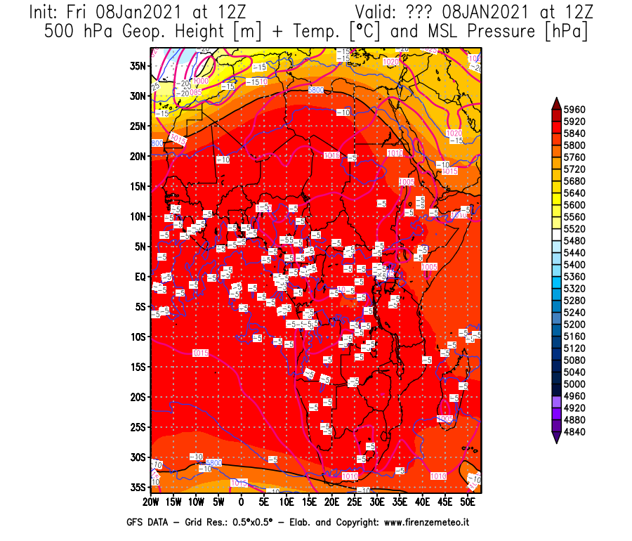 Mappa di analisi GFS - Geopotenziale [m] + Temp. [°C] a 500 hPa + Press. a livello del mare [hPa] in Africa
							del 08/01/2021 12 <!--googleoff: index-->UTC<!--googleon: index-->
