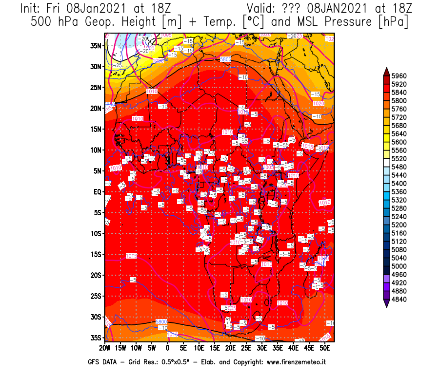 Mappa di analisi GFS - Geopotenziale [m] + Temp. [°C] a 500 hPa + Press. a livello del mare [hPa] in Africa
							del 08/01/2021 18 <!--googleoff: index-->UTC<!--googleon: index-->