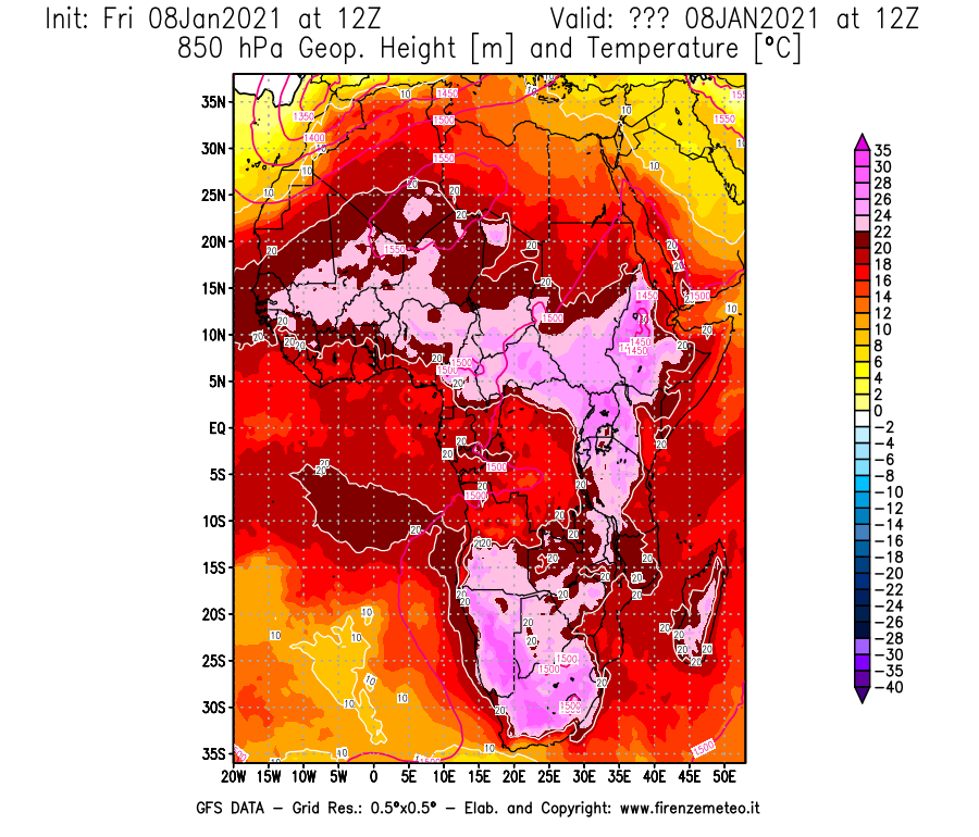 Mappa di analisi GFS - Geopotenziale [m] e Temperatura [°C] a 850 hPa in Africa
							del 08/01/2021 12 <!--googleoff: index-->UTC<!--googleon: index-->