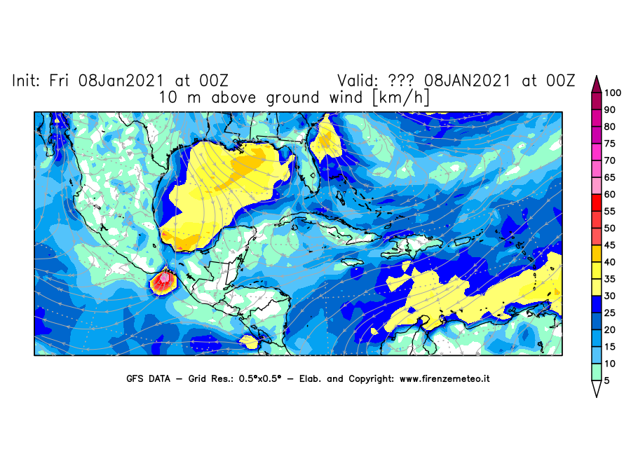 Mappa di analisi GFS - Velocità del vento a 10 metri dal suolo [km/h] in Centro-America
							del 08/01/2021 00 <!--googleoff: index-->UTC<!--googleon: index-->