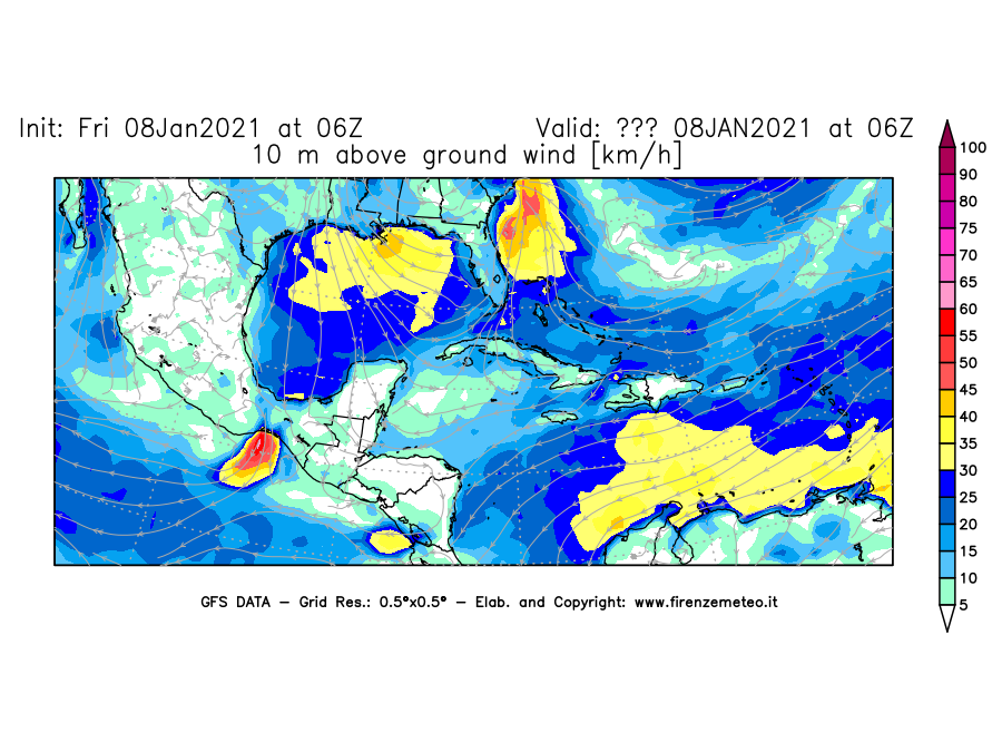 Mappa di analisi GFS - Velocità del vento a 10 metri dal suolo [km/h] in Centro-America
							del 08/01/2021 06 <!--googleoff: index-->UTC<!--googleon: index-->