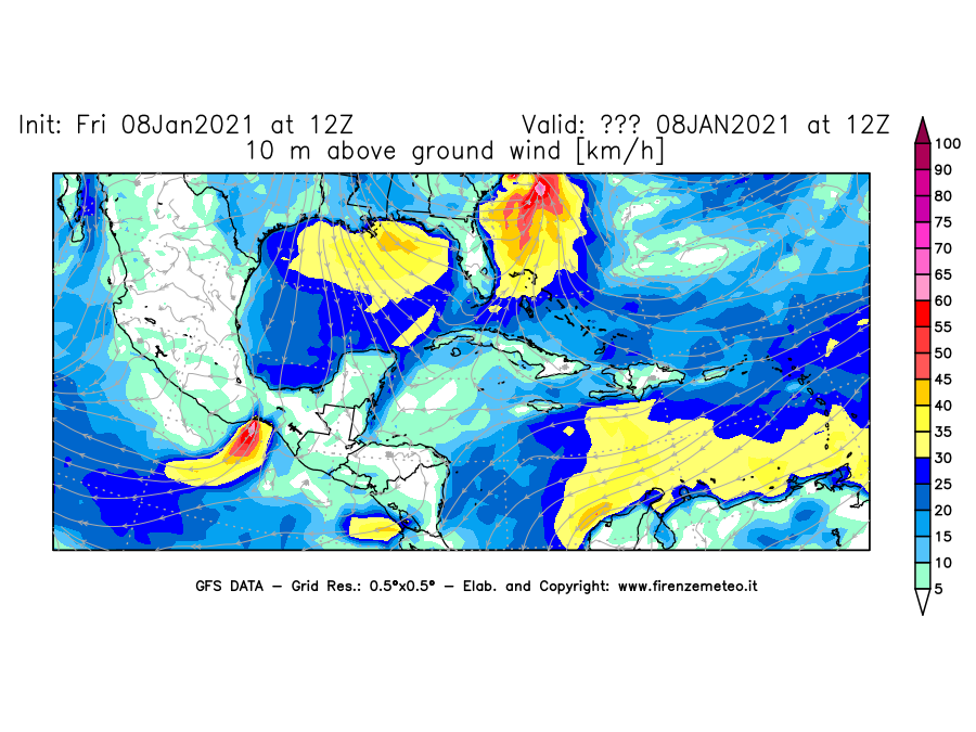 Mappa di analisi GFS - Velocità del vento a 10 metri dal suolo [km/h] in Centro-America
							del 08/01/2021 12 <!--googleoff: index-->UTC<!--googleon: index-->
