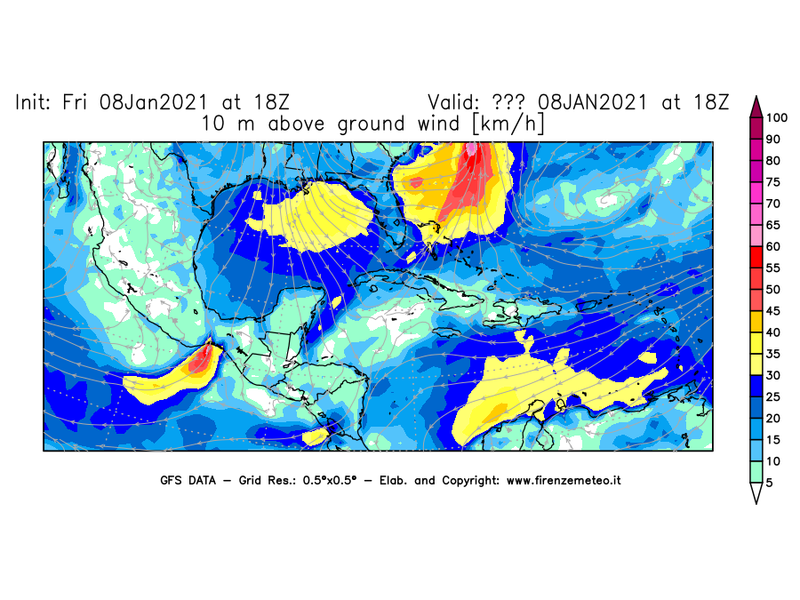 Mappa di analisi GFS - Velocità del vento a 10 metri dal suolo [km/h] in Centro-America
							del 08/01/2021 18 <!--googleoff: index-->UTC<!--googleon: index-->