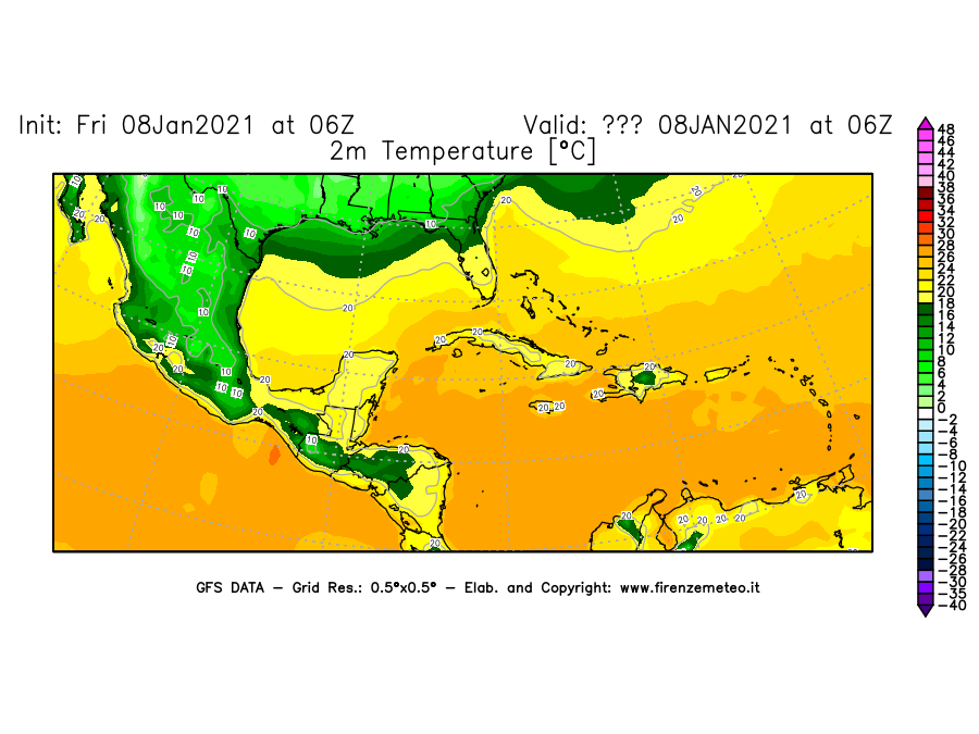 Mappa di analisi GFS - Temperatura a 2 metri dal suolo [°C] in Centro-America
							del 08/01/2021 06 <!--googleoff: index-->UTC<!--googleon: index-->