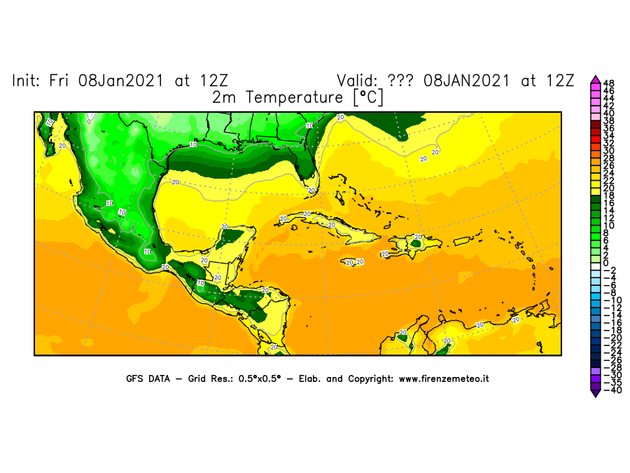 Mappa di analisi GFS - Temperatura a 2 metri dal suolo [°C] in Centro-America
							del 08/01/2021 12 <!--googleoff: index-->UTC<!--googleon: index-->