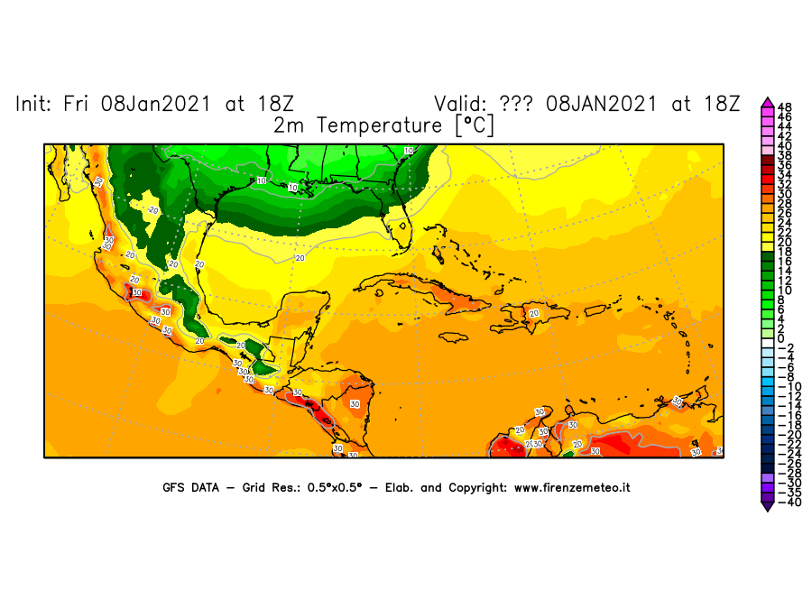 Mappa di analisi GFS - Temperatura a 2 metri dal suolo [°C] in Centro-America
							del 08/01/2021 18 <!--googleoff: index-->UTC<!--googleon: index-->