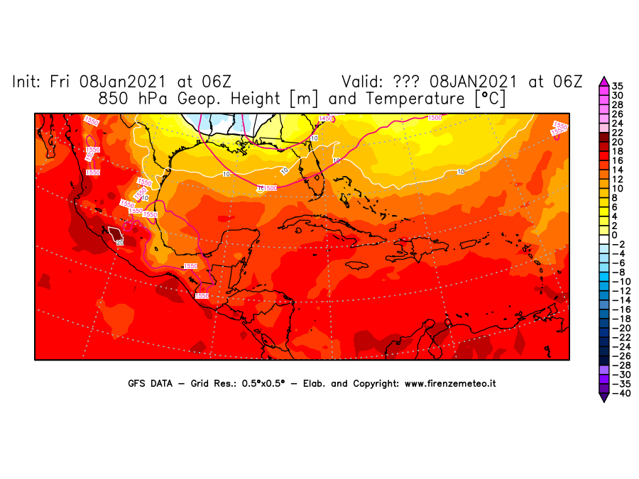 Mappa di analisi GFS - Geopotenziale [m] e Temperatura [°C] a 850 hPa in Centro-America
							del 08/01/2021 06 <!--googleoff: index-->UTC<!--googleon: index-->