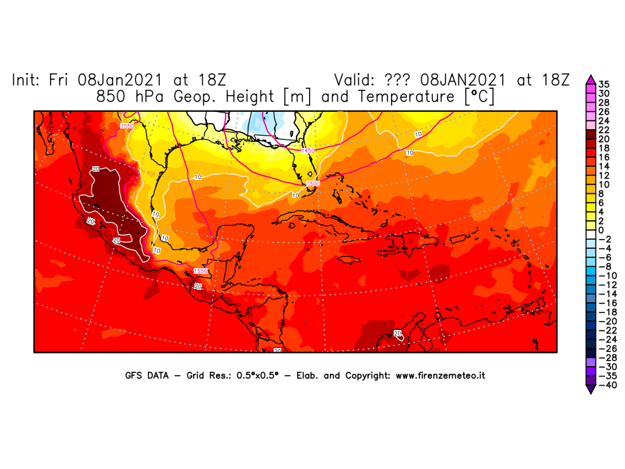 Mappa di analisi GFS - Geopotenziale [m] e Temperatura [°C] a 850 hPa in Centro-America
							del 08/01/2021 18 <!--googleoff: index-->UTC<!--googleon: index-->