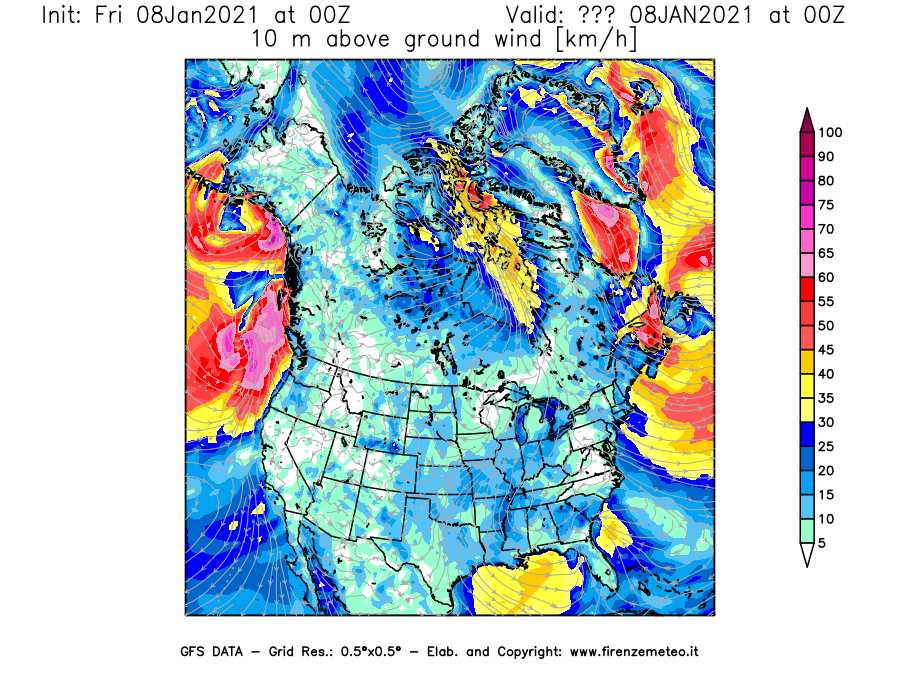 Mappa di analisi GFS - Velocità del vento a 10 metri dal suolo [km/h] in Nord-America
							del 08/01/2021 00 <!--googleoff: index-->UTC<!--googleon: index-->