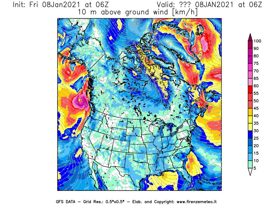 Mappa di analisi GFS - Velocità del vento a 10 metri dal suolo [km/h] in Nord-America
							del 08/01/2021 06 <!--googleoff: index-->UTC<!--googleon: index-->