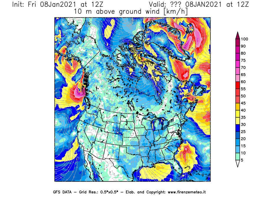 Mappa di analisi GFS - Velocità del vento a 10 metri dal suolo [km/h] in Nord-America
							del 08/01/2021 12 <!--googleoff: index-->UTC<!--googleon: index-->