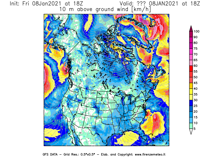 Mappa di analisi GFS - Velocità del vento a 10 metri dal suolo [km/h] in Nord-America
							del 08/01/2021 18 <!--googleoff: index-->UTC<!--googleon: index-->