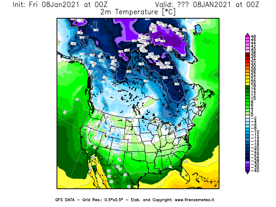 Mappa di analisi GFS - Temperatura a 2 metri dal suolo [°C] in Nord-America
							del 08/01/2021 00 <!--googleoff: index-->UTC<!--googleon: index-->