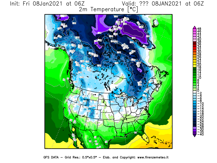 Mappa di analisi GFS - Temperatura a 2 metri dal suolo [°C] in Nord-America
							del 08/01/2021 06 <!--googleoff: index-->UTC<!--googleon: index-->