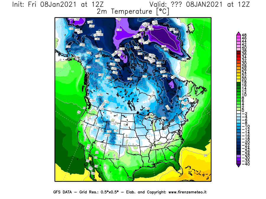 Mappa di analisi GFS - Temperatura a 2 metri dal suolo [°C] in Nord-America
							del 08/01/2021 12 <!--googleoff: index-->UTC<!--googleon: index-->
