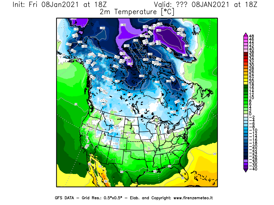 Mappa di analisi GFS - Temperatura a 2 metri dal suolo [°C] in Nord-America
							del 08/01/2021 18 <!--googleoff: index-->UTC<!--googleon: index-->