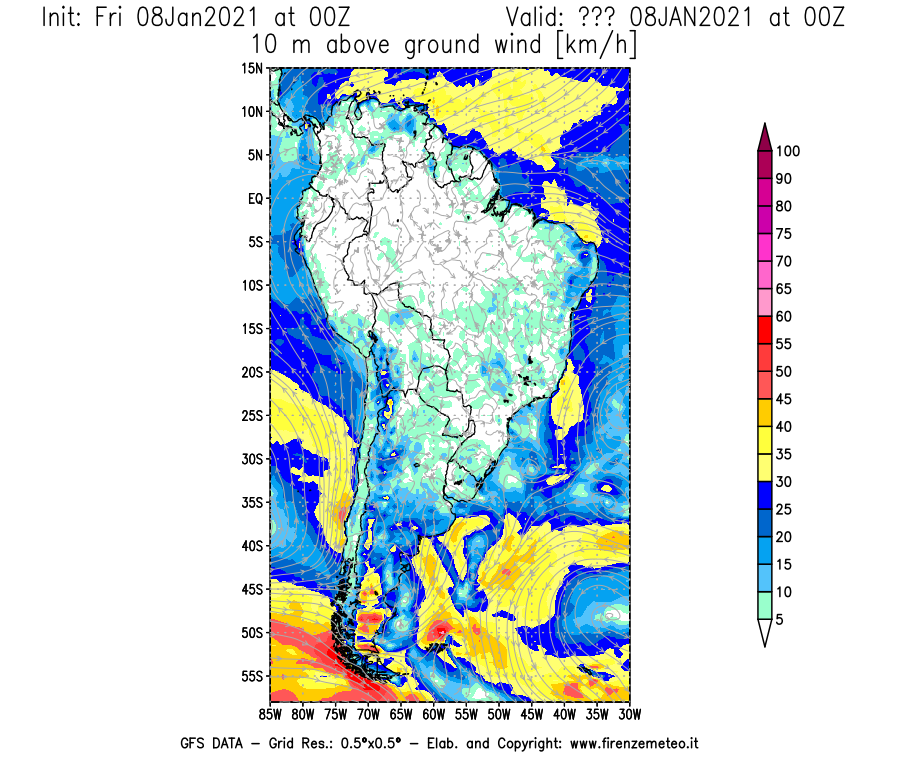 Mappa di analisi GFS - Velocità del vento a 10 metri dal suolo [km/h] in Sud-America
							del 08/01/2021 00 <!--googleoff: index-->UTC<!--googleon: index-->