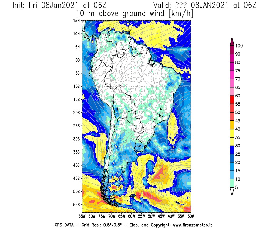 Mappa di analisi GFS - Velocità del vento a 10 metri dal suolo [km/h] in Sud-America
							del 08/01/2021 06 <!--googleoff: index-->UTC<!--googleon: index-->