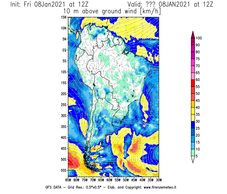 Mappa di analisi GFS - Velocità del vento a 10 metri dal suolo [km/h] in Sud-America
							del 08/01/2021 12 <!--googleoff: index-->UTC<!--googleon: index-->