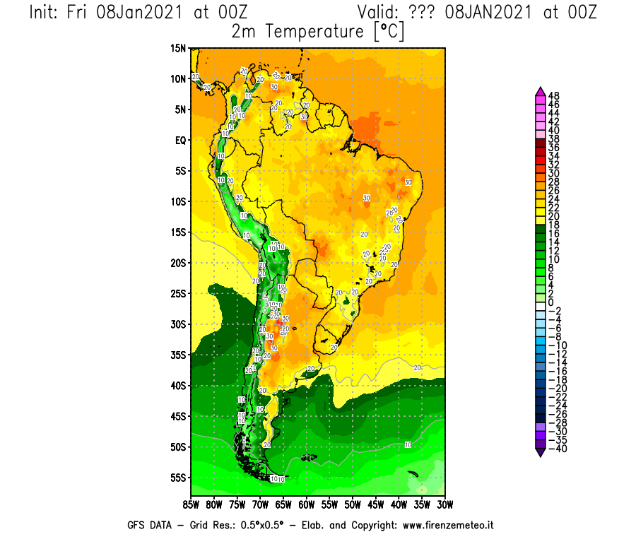 Mappa di analisi GFS - Temperatura a 2 metri dal suolo [°C] in Sud-America
							del 08/01/2021 00 <!--googleoff: index-->UTC<!--googleon: index-->