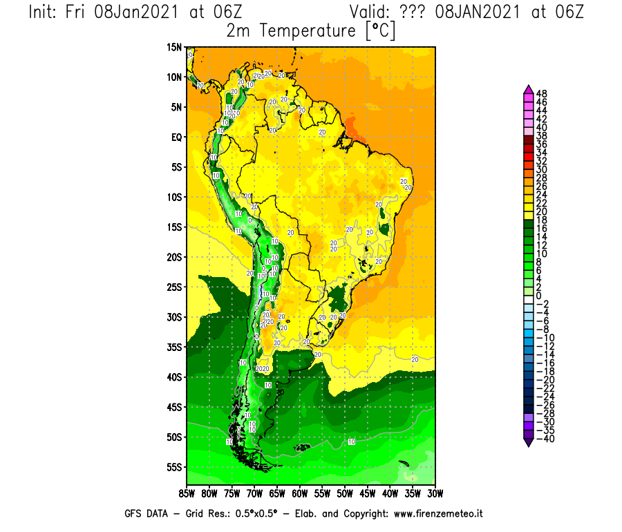 Mappa di analisi GFS - Temperatura a 2 metri dal suolo [°C] in Sud-America
							del 08/01/2021 06 <!--googleoff: index-->UTC<!--googleon: index-->