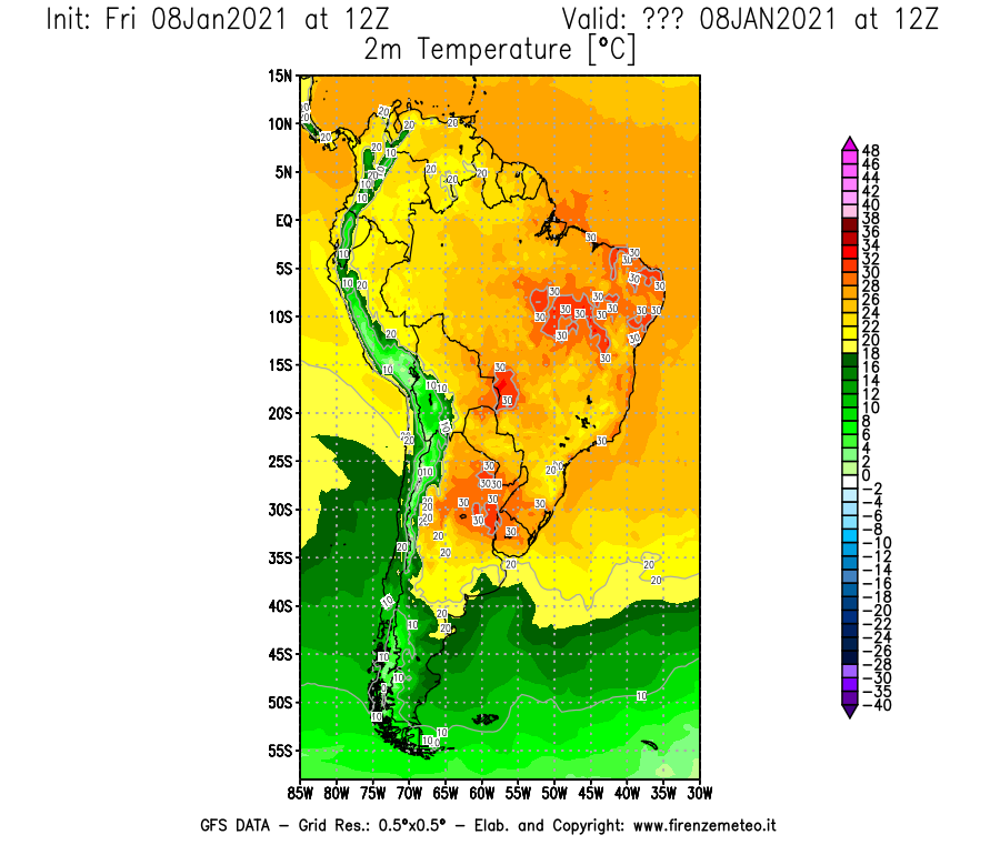 Mappa di analisi GFS - Temperatura a 2 metri dal suolo [°C] in Sud-America
							del 08/01/2021 12 <!--googleoff: index-->UTC<!--googleon: index-->