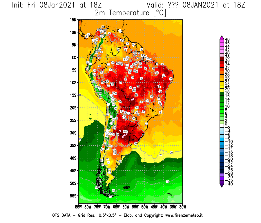 Mappa di analisi GFS - Temperatura a 2 metri dal suolo [°C] in Sud-America
							del 08/01/2021 18 <!--googleoff: index-->UTC<!--googleon: index-->