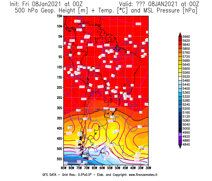Mappa di analisi GFS - Geopotenziale [m] + Temp. [°C] a 500 hPa + Press. a livello del mare [hPa] in Sud-America
							del 08/01/2021 00 <!--googleoff: index-->UTC<!--googleon: index-->