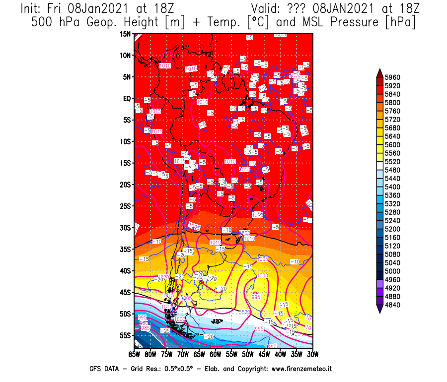 Mappa di analisi GFS - Geopotenziale [m] + Temp. [°C] a 500 hPa + Press. a livello del mare [hPa] in Sud-America
							del 08/01/2021 18 <!--googleoff: index-->UTC<!--googleon: index-->
