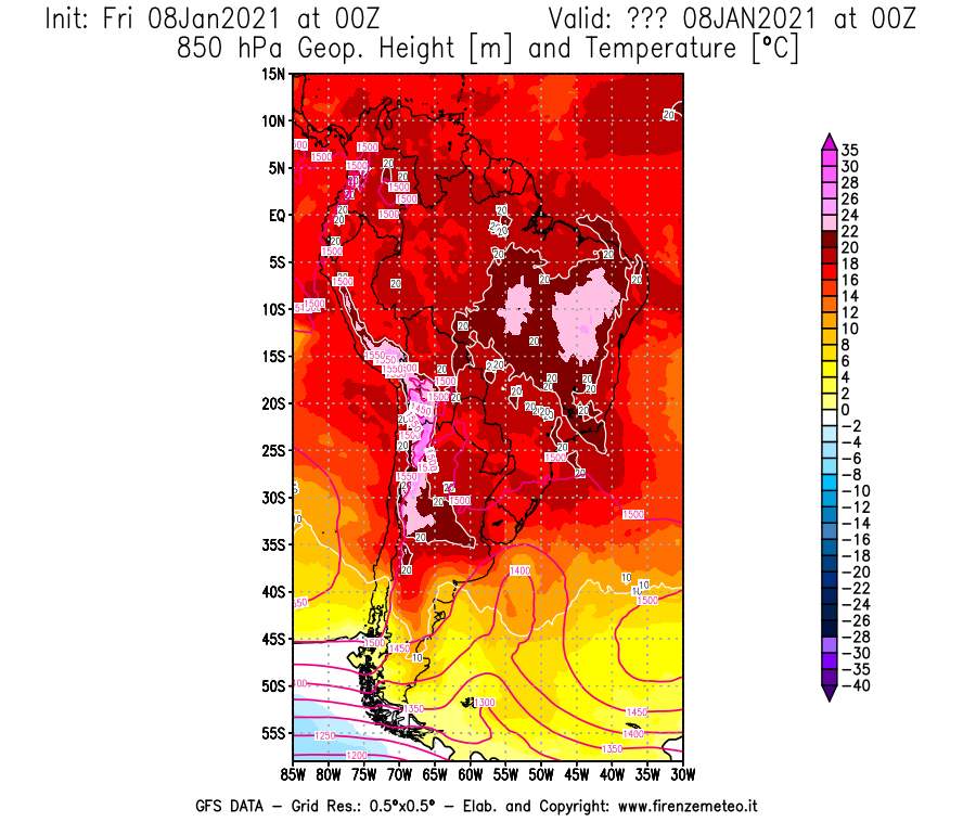 Mappa di analisi GFS - Geopotenziale [m] e Temperatura [°C] a 850 hPa in Sud-America
							del 08/01/2021 00 <!--googleoff: index-->UTC<!--googleon: index-->