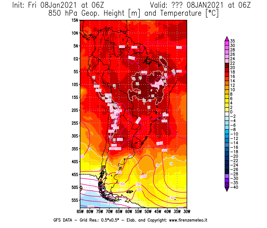 Mappa di analisi GFS - Geopotenziale [m] e Temperatura [°C] a 850 hPa in Sud-America
							del 08/01/2021 06 <!--googleoff: index-->UTC<!--googleon: index-->