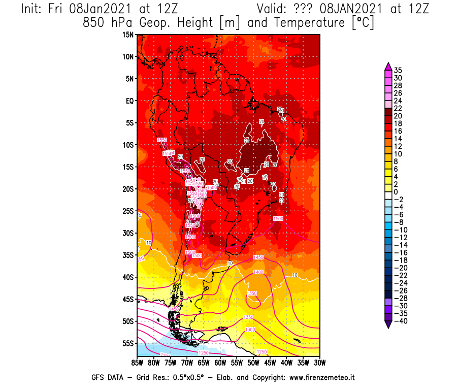 Mappa di analisi GFS - Geopotenziale [m] e Temperatura [°C] a 850 hPa in Sud-America
							del 08/01/2021 12 <!--googleoff: index-->UTC<!--googleon: index-->