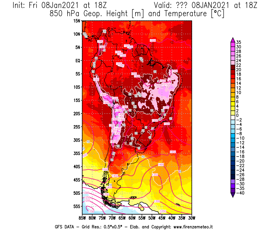 Mappa di analisi GFS - Geopotenziale [m] e Temperatura [°C] a 850 hPa in Sud-America
							del 08/01/2021 18 <!--googleoff: index-->UTC<!--googleon: index-->
