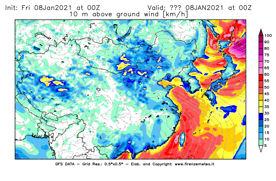 Mappa di analisi GFS - Velocità del vento a 10 metri dal suolo [km/h] in Asia Orientale
							del 08/01/2021 00 <!--googleoff: index-->UTC<!--googleon: index-->