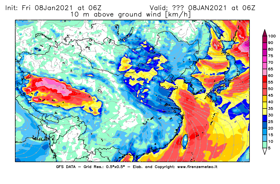 Mappa di analisi GFS - Velocità del vento a 10 metri dal suolo [km/h] in Asia Orientale
							del 08/01/2021 06 <!--googleoff: index-->UTC<!--googleon: index-->