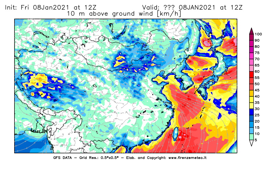 Mappa di analisi GFS - Velocità del vento a 10 metri dal suolo [km/h] in Asia Orientale
							del 08/01/2021 12 <!--googleoff: index-->UTC<!--googleon: index-->