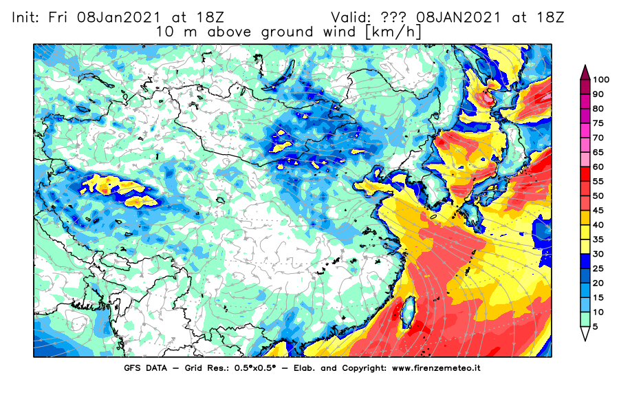 Mappa di analisi GFS - Velocità del vento a 10 metri dal suolo [km/h] in Asia Orientale
							del 08/01/2021 18 <!--googleoff: index-->UTC<!--googleon: index-->