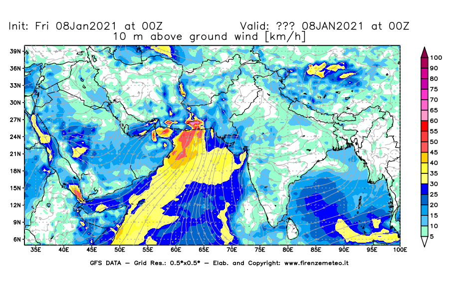 Mappa di analisi GFS - Velocità del vento a 10 metri dal suolo [km/h] in Asia Sud-Occidentale
							del 08/01/2021 00 <!--googleoff: index-->UTC<!--googleon: index-->