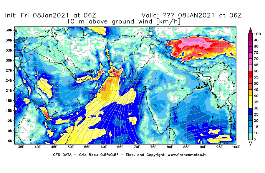 Mappa di analisi GFS - Velocità del vento a 10 metri dal suolo [km/h] in Asia Sud-Occidentale
							del 08/01/2021 06 <!--googleoff: index-->UTC<!--googleon: index-->