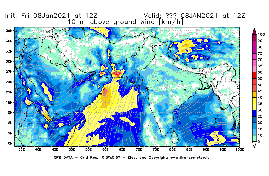 Mappa di analisi GFS - Velocità del vento a 10 metri dal suolo [km/h] in Asia Sud-Occidentale
							del 08/01/2021 12 <!--googleoff: index-->UTC<!--googleon: index-->