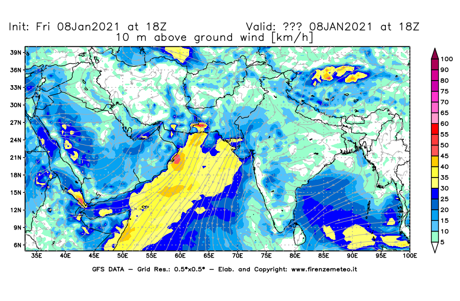 Mappa di analisi GFS - Velocità del vento a 10 metri dal suolo [km/h] in Asia Sud-Occidentale
							del 08/01/2021 18 <!--googleoff: index-->UTC<!--googleon: index-->