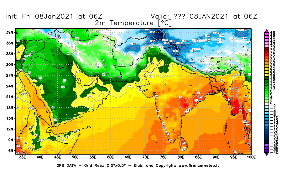 Mappa di analisi GFS - Temperatura a 2 metri dal suolo [°C] in Asia Sud-Occidentale
							del 08/01/2021 06 <!--googleoff: index-->UTC<!--googleon: index-->