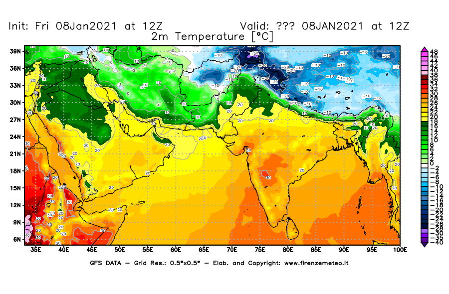 Mappa di analisi GFS - Temperatura a 2 metri dal suolo [°C] in Asia Sud-Occidentale
							del 08/01/2021 12 <!--googleoff: index-->UTC<!--googleon: index-->