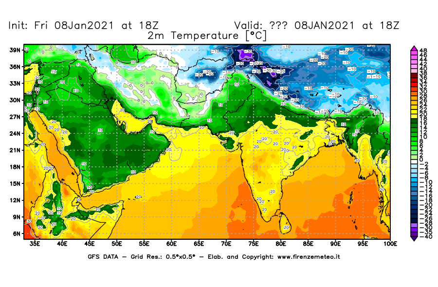 Mappa di analisi GFS - Temperatura a 2 metri dal suolo [°C] in Asia Sud-Occidentale
							del 08/01/2021 18 <!--googleoff: index-->UTC<!--googleon: index-->