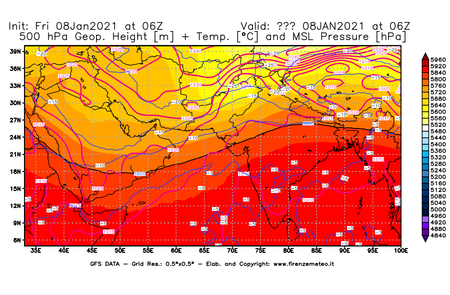 Mappa di analisi GFS - Geopotenziale [m] + Temp. [°C] a 500 hPa + Press. a livello del mare [hPa] in Asia Sud-Occidentale
							del 08/01/2021 06 <!--googleoff: index-->UTC<!--googleon: index-->