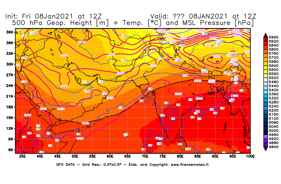 Mappa di analisi GFS - Geopotenziale [m] + Temp. [°C] a 500 hPa + Press. a livello del mare [hPa] in Asia Sud-Occidentale
							del 08/01/2021 12 <!--googleoff: index-->UTC<!--googleon: index-->
