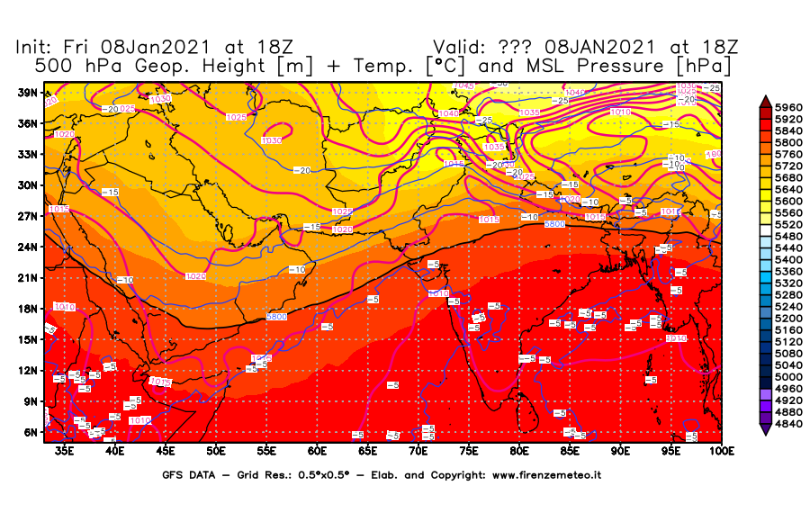 Mappa di analisi GFS - Geopotenziale [m] + Temp. [°C] a 500 hPa + Press. a livello del mare [hPa] in Asia Sud-Occidentale
							del 08/01/2021 18 <!--googleoff: index-->UTC<!--googleon: index-->