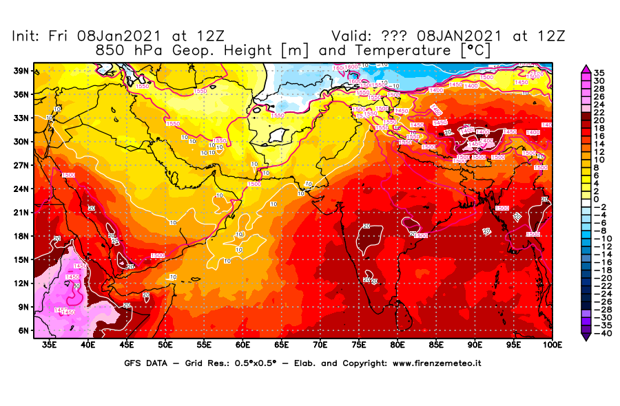 Mappa di analisi GFS - Geopotenziale [m] e Temperatura [°C] a 850 hPa in Asia Sud-Occidentale
							del 08/01/2021 12 <!--googleoff: index-->UTC<!--googleon: index-->