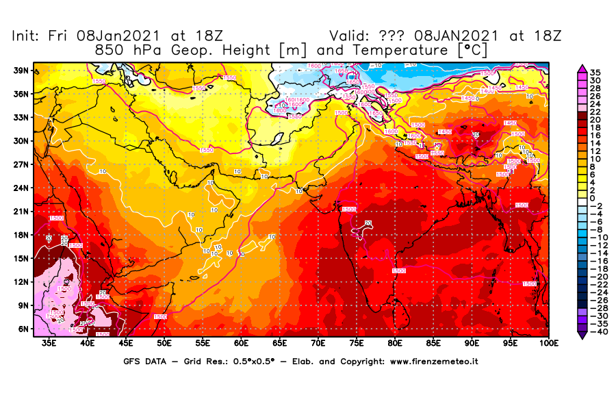 Mappa di analisi GFS - Geopotenziale [m] e Temperatura [°C] a 850 hPa in Asia Sud-Occidentale
							del 08/01/2021 18 <!--googleoff: index-->UTC<!--googleon: index-->
